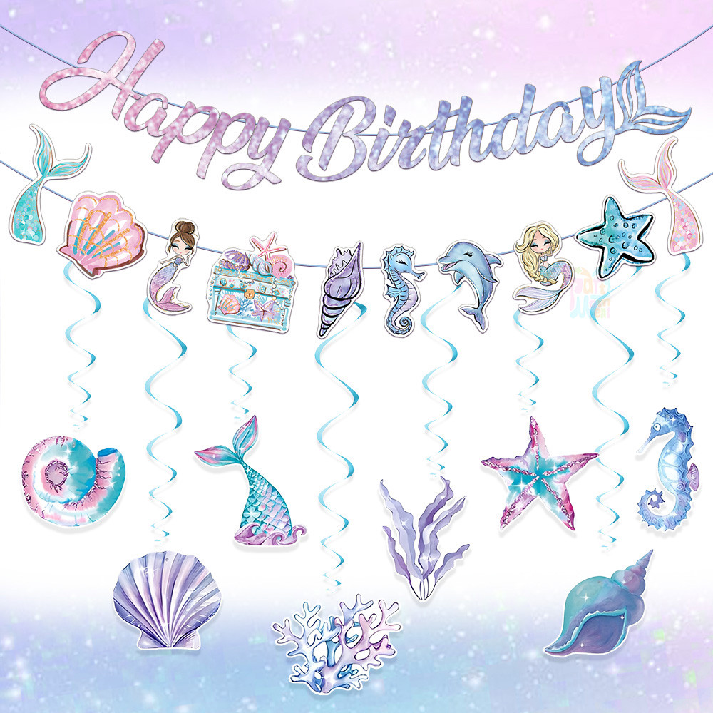1เซ็ตหางนางเงือกเปลือกหอยกระดาษแบนเนอร์เกลียวแขวนจี้ภายใต้ทะเลงานเลี้ยงวันเกิดอุปกรณ์ตกแต่ง