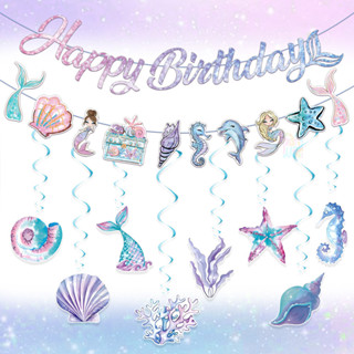 1เซ็ตหางนางเงือกเปลือกหอยกระดาษแบนเนอร์เกลียวแขวนจี้ภายใต้ทะ…