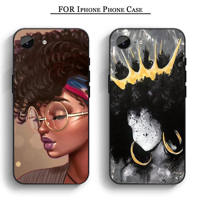 QU5 African Beauty Afro Girl iPhone 11 12 Pro Max Mini 6 7 8 Plus Plus 6S X XS Max XR SE Soft Case