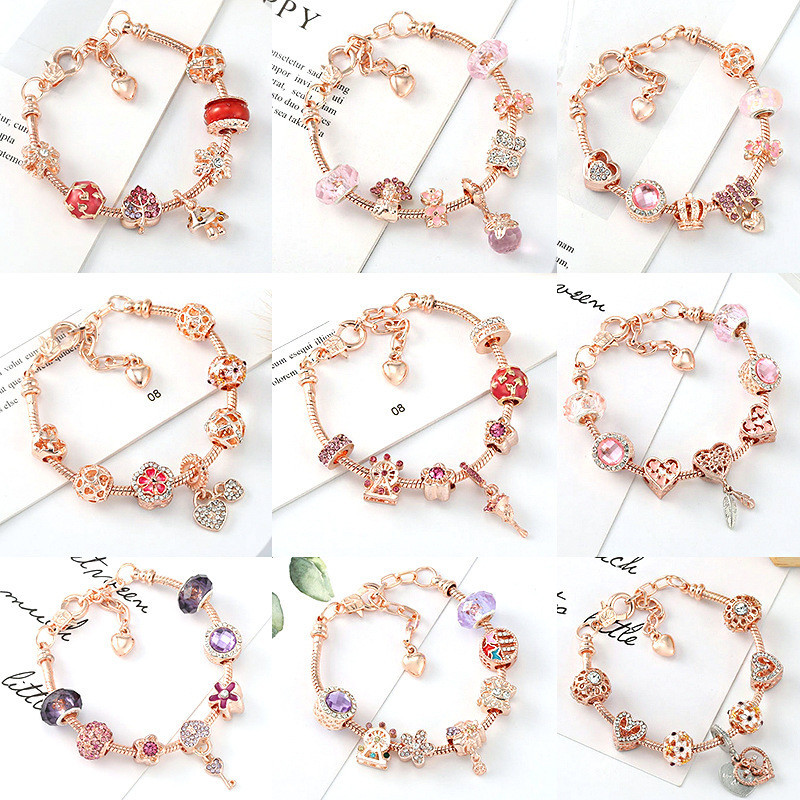 Rose Gold Love Extension Chain Charm สร้อยข้อมือสุภาพสตรี Diy Peach Heart.Key.Rose.สร้อยข้อมือจี้คริสตัล