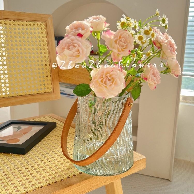 Japanese Simple Portable Ins Style Glass Vase Leather Creative Water-raised Flowers Living Room Flo