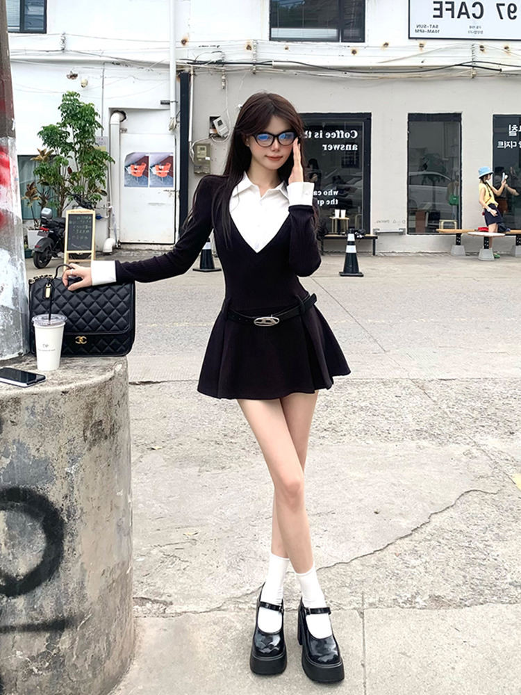 Shanmieleng Preppy สไตล์ปลอมสองชิ้นเสื้อชุดหญิงแคบ-เอวอารมณ์ออกแบบสาวร้อนสีดําแขนยาวกระโปรงสั้นฤดูใบไม้ร่วง