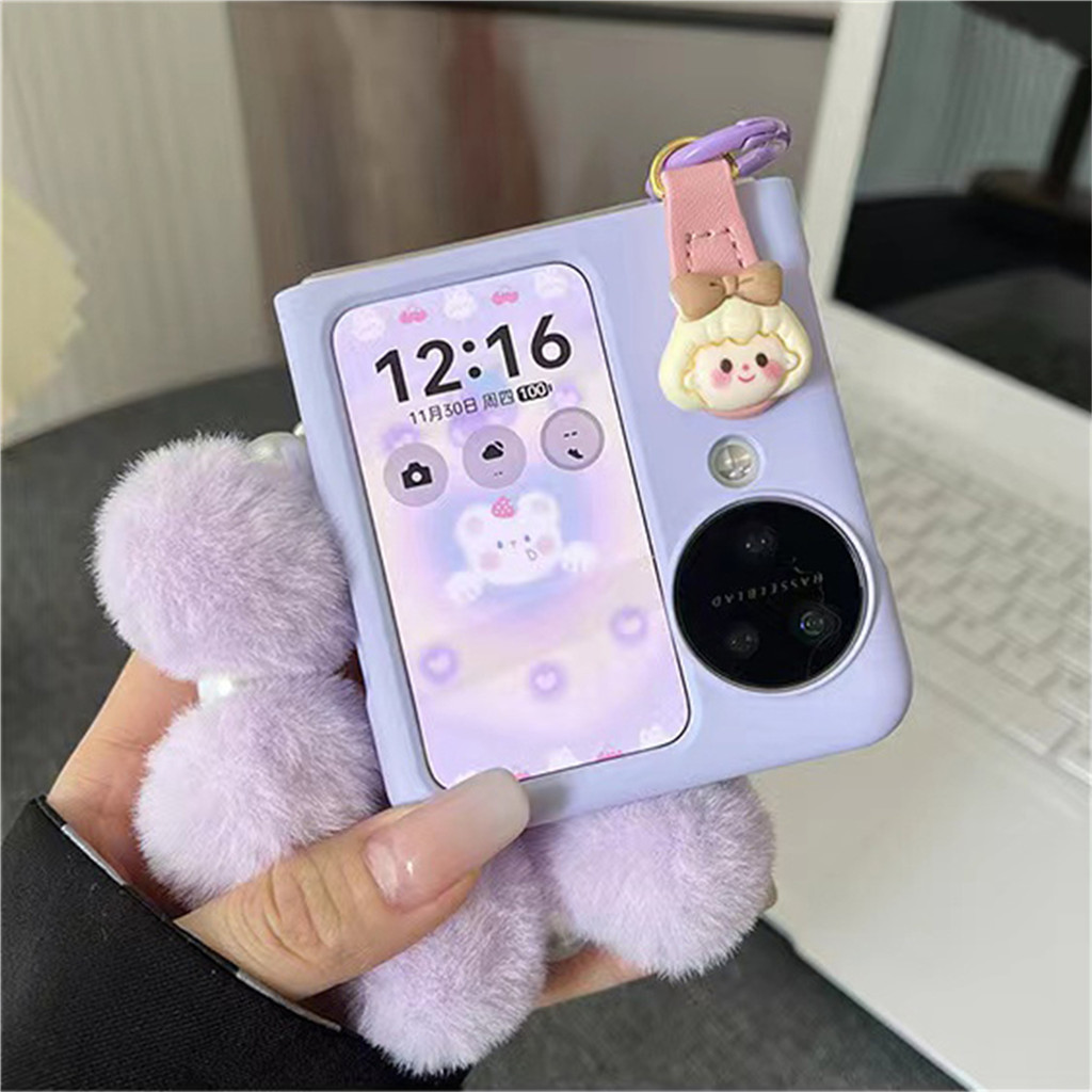 น่ารักสาวหวานเคสโทรศัพท์สีม่วง Hairball Pearl สร้อยข้อมือสําหรับ OPPO Find N3 Flip findn3 Flip Find N2 Flip Back Cover