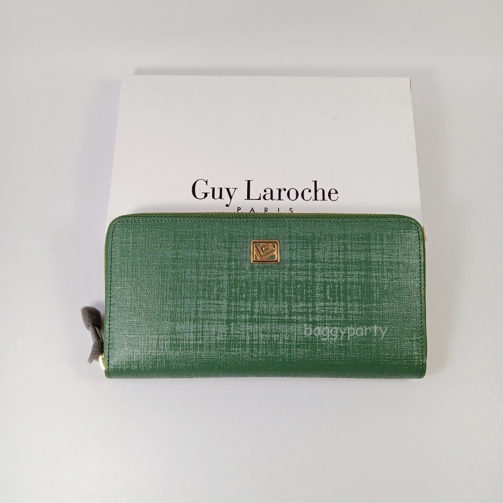 Guy Laroche แท้!! กระเป๋าสตางค์ผู้หญิงใบยาวซิปรอบ สีเขียวเข้ม หนังลาย โลโก้ทอง หนังแท้