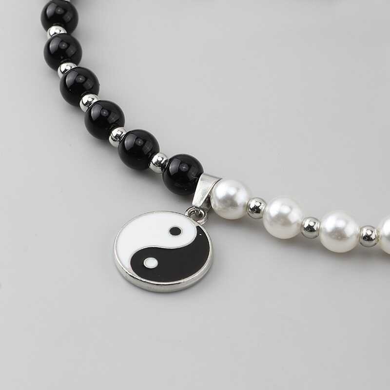 Tai Hip-Hop Chi Pearl Beads Pendant Personalized Yin Yang Black White Choker Necklace For Men Wome