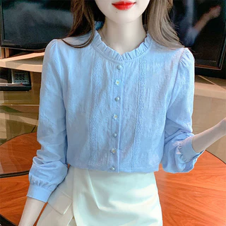 💐 เสื้อเกาหลี เสื้อเชิ้ตสีขาว งานปัก ย้อนยุค หวาน น่ารัก ฤดูร้อน ใหม่ เสื้อแขนยาว