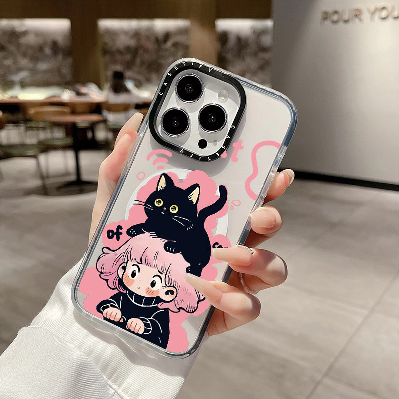 น่ารัก Cloud Layer Cat สาวไร้สายชาร์จแม่เหล็กสําหรับ IPhone 11 14 15 16 Pro Max 12 13 Pro Max ฝาครอบ 14 15 16 PLUS ซิลิโคนนุ่มกันชนใสกันกระแทกปลอก