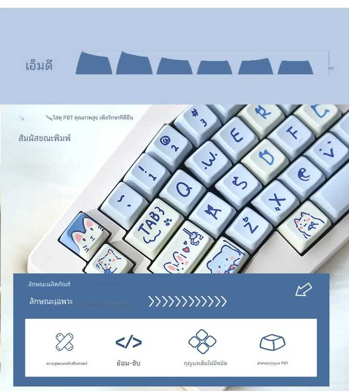 Zuoya 147คีย์ Mdcaps สีฟ้า Meow การระเหิดความร้อนด้านเดียว PBT