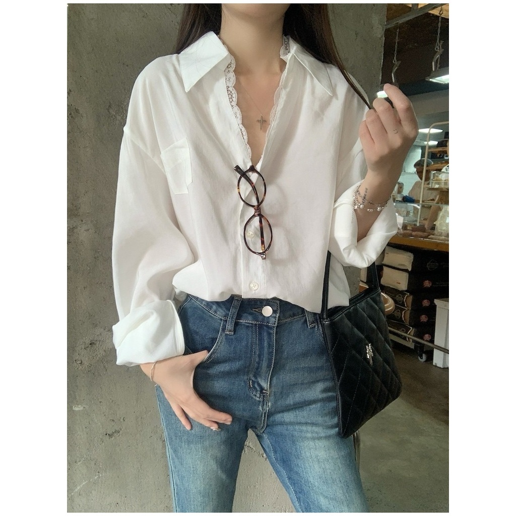 79786 คอวีลูกไม้ตัดเย็บเสื้อเชิ้ตแขนยาวลําลองหลวม