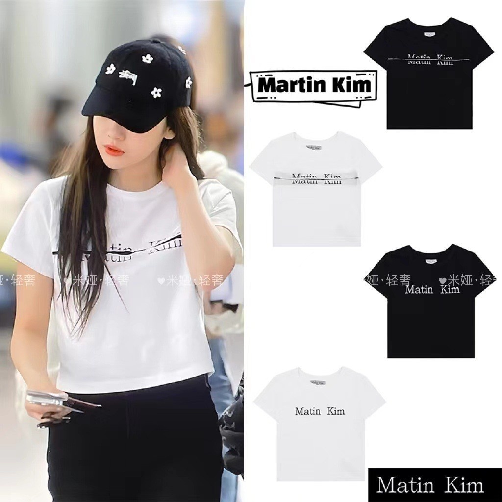 Matin kim เกาหลีสั้นแขนสั้นบาง, เสื้อยืดผ้าฝ้าย qwd