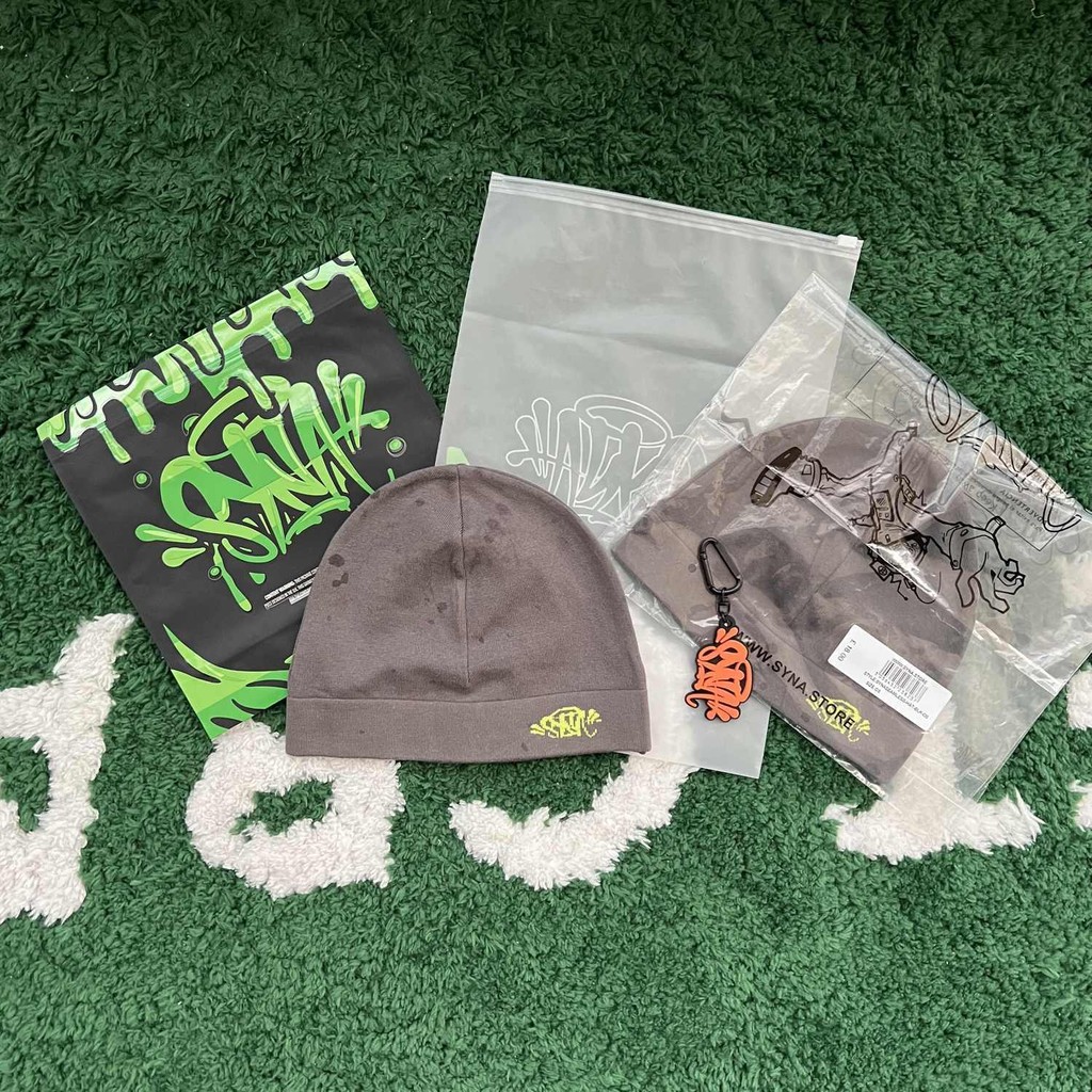 Syna Synaworld Face Mask Beanie Hat หมวก Jacquard สีเทาและสีเหลือง + แพ็คเกจครบชุด