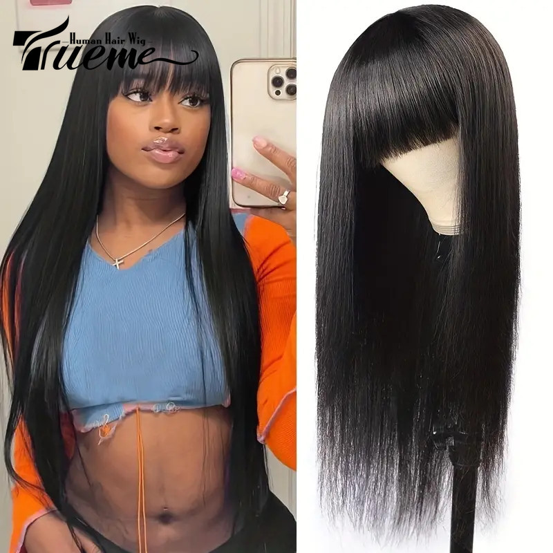 Trueme วิกผมแท้ วิกผมตรง วิกผมมนุษย์ พร้อมวิกผม 8-30 นิ้ว กับ bangs สีธรรมชาติ วิกผมยาว