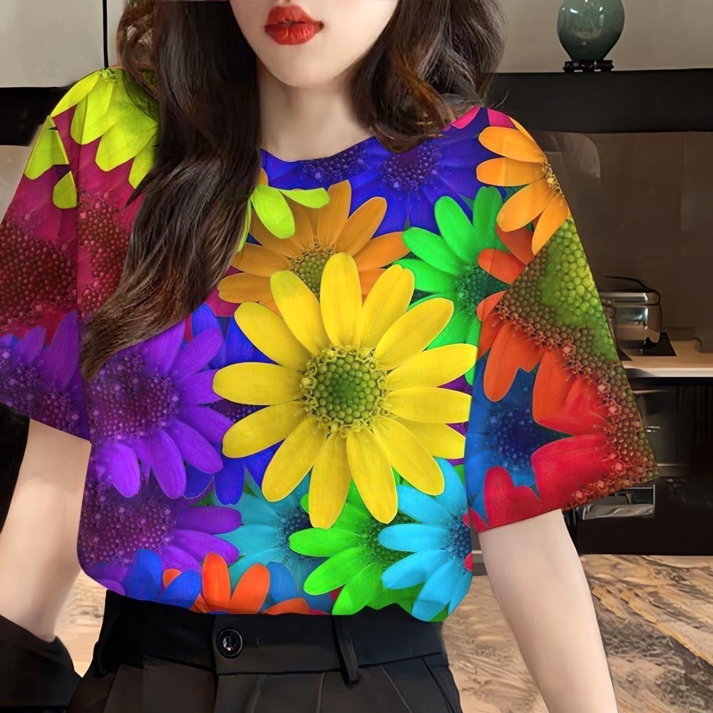 2024 Rainbow Tie Dyeing 3D รูปแบบพิมพ์เสื้อยืดสําหรับเสื้อยืดลําลองผู้หญิงแฟชั่นรอบคอผู้หญิงเสื้อยืดแขนสั้น