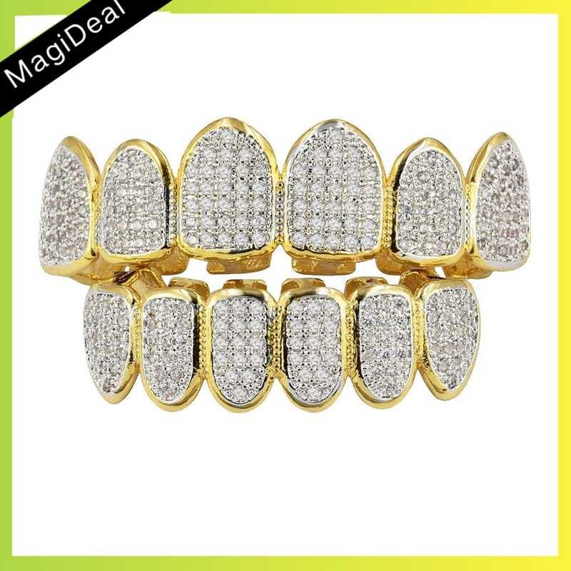 Magideal Gold Plated Micro Pave Top Bottom CUSTOM GRILLZ SET Mouth Teeth Grill #2