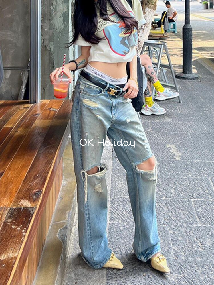 American High Street Design Feeling Ripped Jeans Women 2024 สไตล์ใหม่ Retro Micro-Flared Floor กางเกง