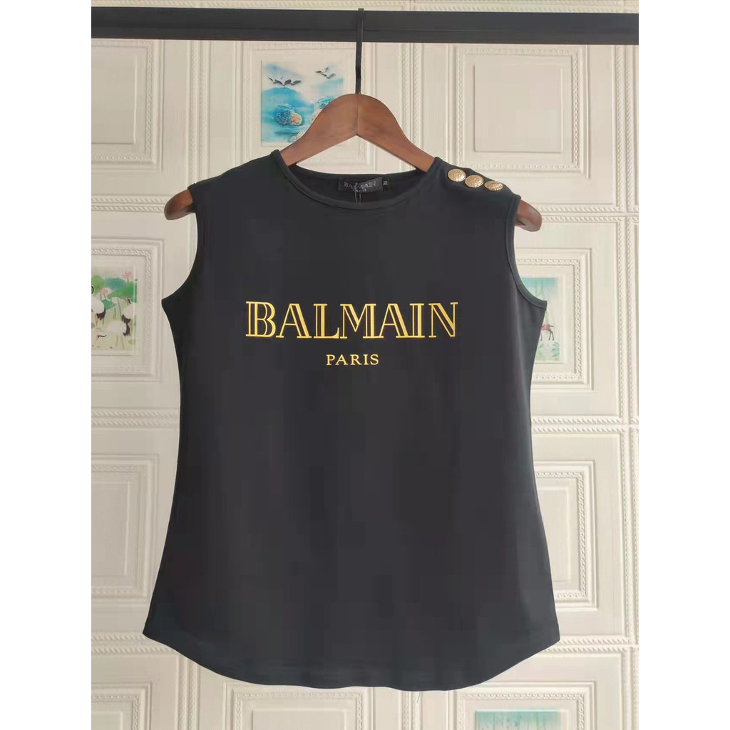 Balmain 2024ss Balmain แฟชั่นลําลองผ้าฝ้ายไหล่หัวเข็มขัดพิมพ์ตัวอักษรรอบคออเนกประสงค์ผู้หญิงเสื้อยืดแขนกุด