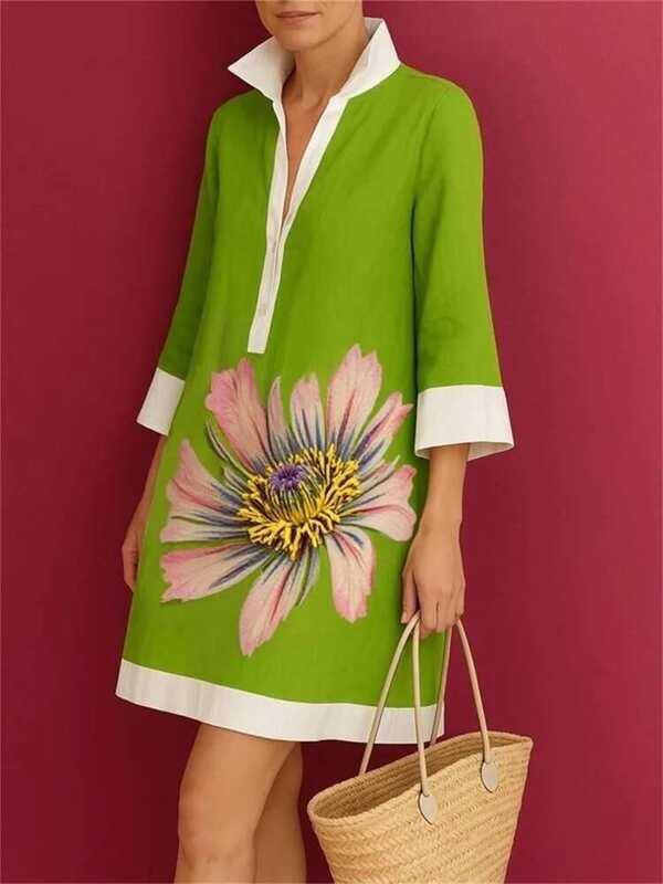 UOOZEE ชุดเดรสผู้หญิง สไตล์วินเทจ ลายดอกไม้ แขนสามส่วนหลวม ชุดเดรส H-line ปกเสื้อ 2025