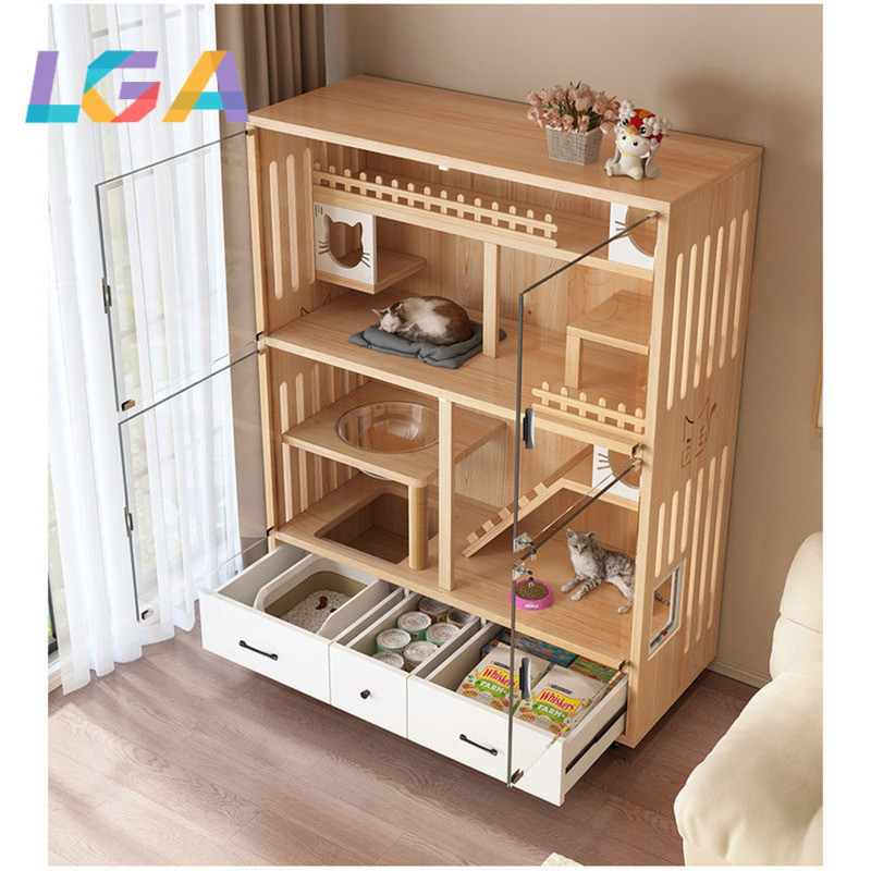 LGA กรงแมว Pet Cage ไม้เนื้อแข็งวิลล่าขนาดใหญ่ครอกคอนโดที่สามารถเคลื่อนย้ายแมวบ้านสัตว์เลี้ยงเฟอร์นิ