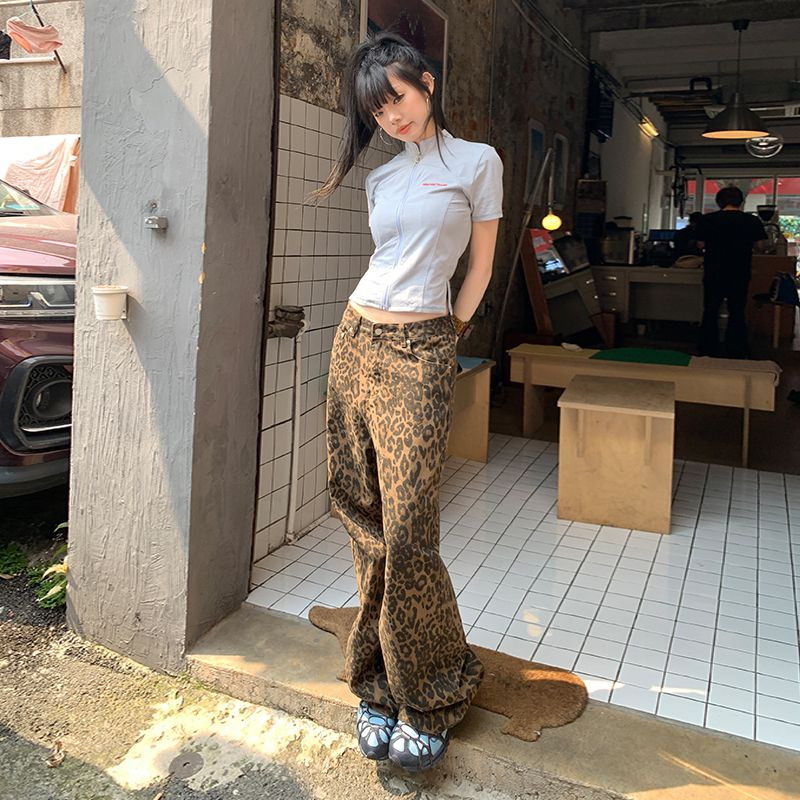 Shanmieleng 2024 Retro American Style Straight Wide Leg Pants Leopard Print Pants Loose Casual Jeans