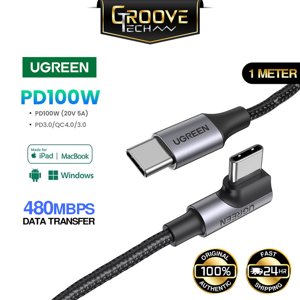 UGREEN มุมขวา 90 องศา USB C ถึง USB C PD 100W สาย 5A E Marker Macbook iPad iPhone 17 Air 16 Pro Max