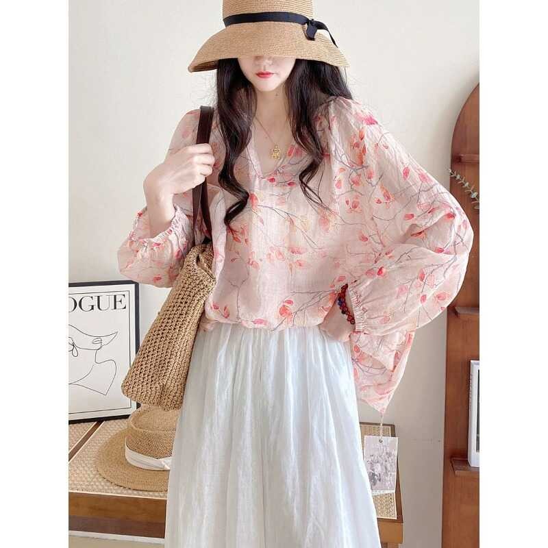 สุภาพสตรีฤดูร้อนเกาหลีแฟชั่นหลวมพิมพ์เต็มคอ 6A2 V