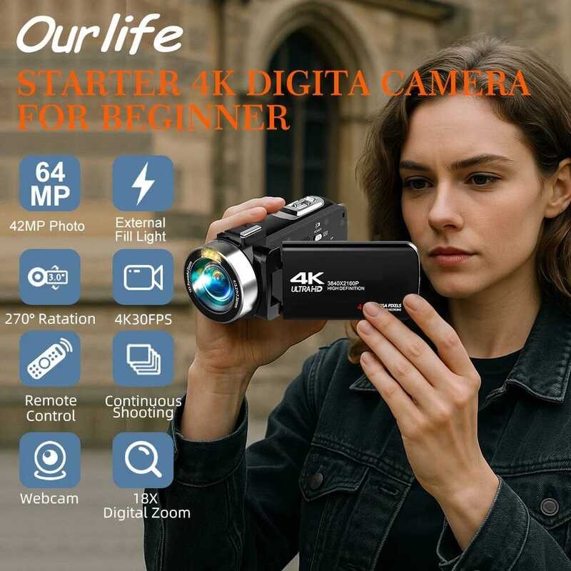 ▥ Ouelife Q901 4K กล้องถ่ายภาพดิจิตอล 42 ล้านพิกเซล HD กล้อง 18X ซูมดิจิตอล 3.0 ''หน้าจอเครื่อง