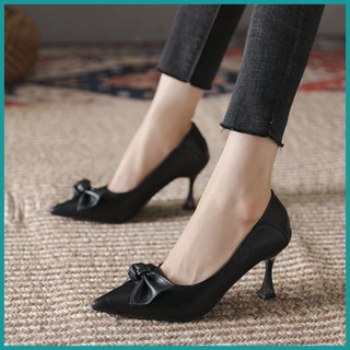 รองเท้าส้นสูงหัวแหลมหุ้มส้น หนังนิ่ม ส้นเรียวสูง 5-8 ซม. โบว…