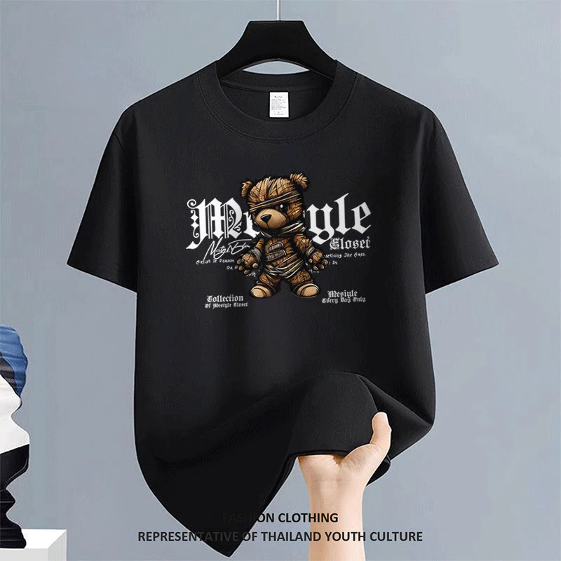 ผู้ชาย สีดําแขนสั้น สตรีทแฟชั่น ลายการ์ตูน วินเทจ เสื้อยืด สวมใส่สบาย คอกลม ผ้าเนื้อนุ่ม สีขาว-ดำ OVERSIZE เสื้อเมกา
