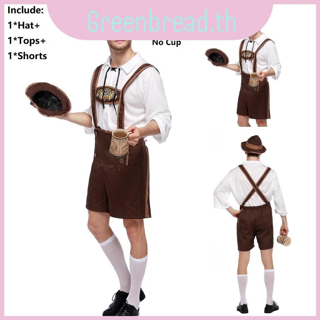 เสื้อผ้า Oktoberfest Men Stage เครื่องแต่งกายคอสเพลย์เสื้อ Suspenders กางเกงขาสั้นพร้อมหมวก
