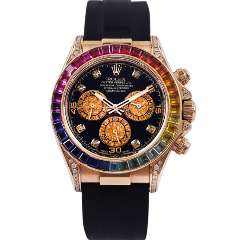 Rolex ขายร้อน Rolex Daytona Gold Back Inlaid Rainbow Ring นาฬิกาผู้ชายกลไกอัตโนมัติ 16518