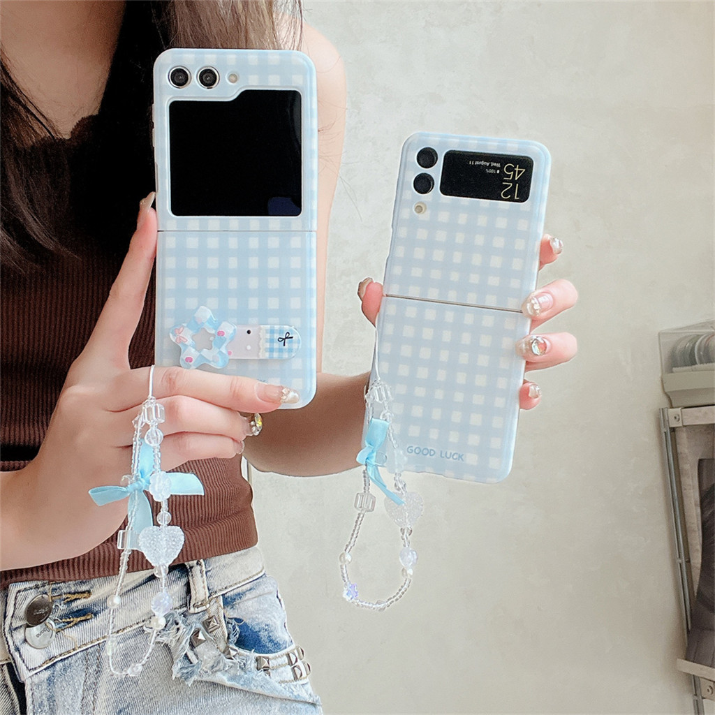 เกาหลีน่ารัก Blue Lattice Star Bracket โบว์คริสตัลโซ่เคสโทรศัพท์สําหรับ Samsung Galaxy ZFlip 6 flip6 ZFlip5 Flip4 Flip3 ฝาครอบ