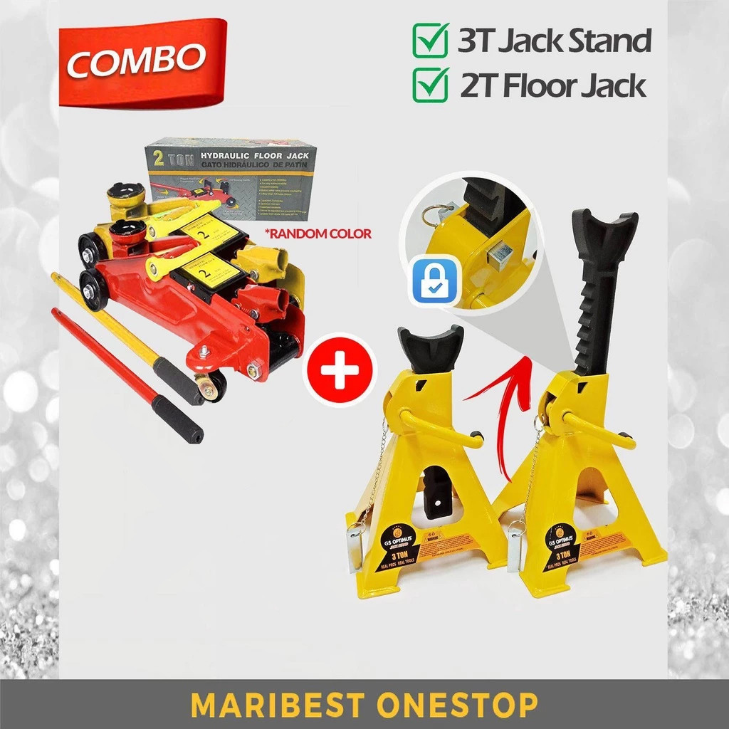 NEW COMBO DOUBLE PIN SAFETY LOCK 3 TON JACK STAND & 2 TON FLOOR JACK (กล่องคาร์บอน) [RANDOM COLOUR]