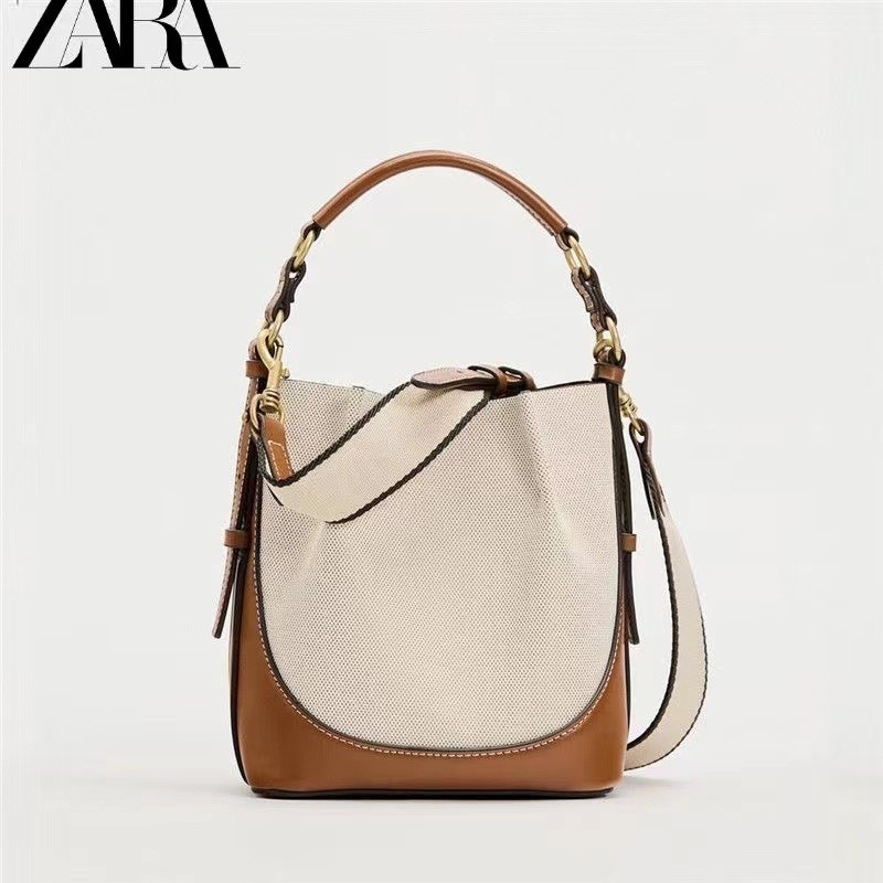 ZARA กระเป๋าทรงถังผู้หญิง ซาร่า แฟชั่นความจุขนาดใหญ่สายสะพายไหล่กว้างกระเป๋าสะพายข้างไหล่เดียว
