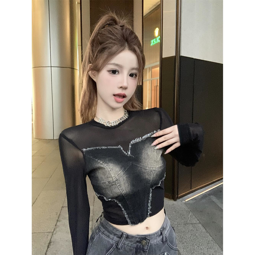 เสื้อยืดแขนยาวผู้หญิงเซ็กซี่ซีทรูด้านบนอเมริกันยีนส์เย็บผ้าโปร่ง จุดต่ําสุด เสื้อ