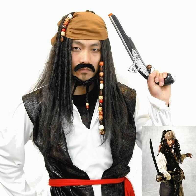 ❤ NBHF Halloween Costume For Men Adult Jack Sparrow Wigs Hat Pirates Of The Caribbean Cosplay A