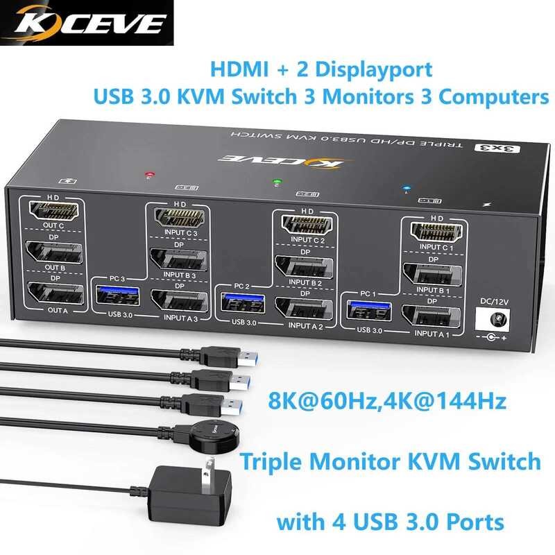 KCEVE ตัวสลับ HDMI Displayport 3/2 จอภาพ 3 คอมพิวเตอร์ 8K@60Hz 4K@144Hz จอภาพคู่/สามจอ KVM พร้อมพอร์