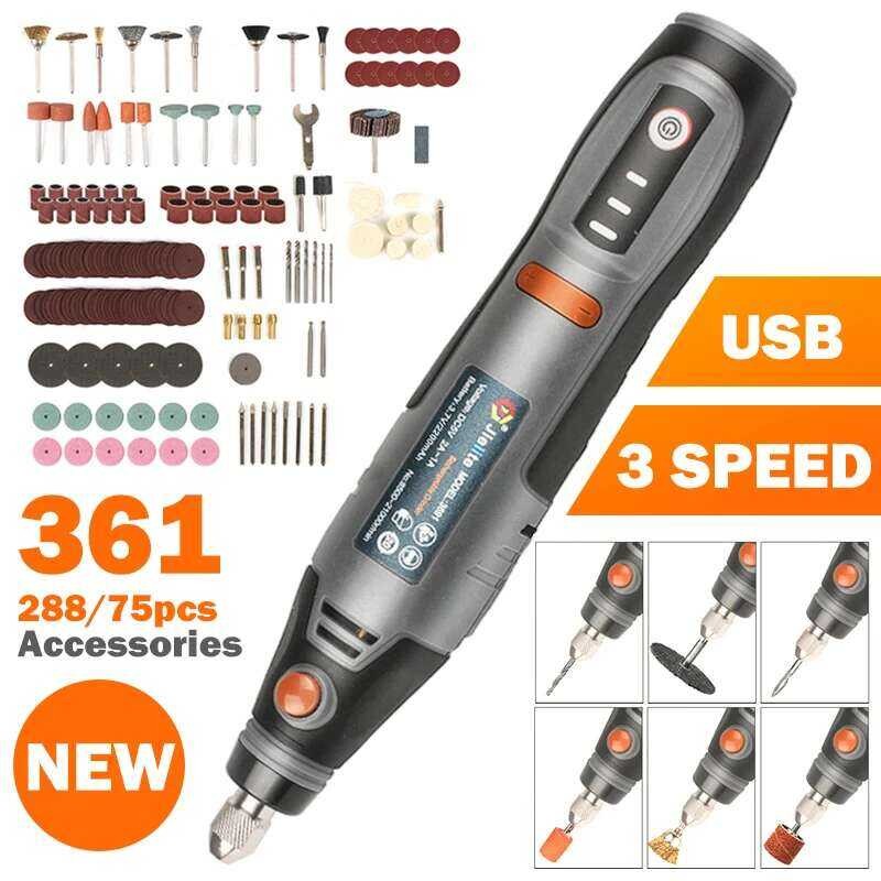 เครื่องมือโรตารี่ไร้สาย 21000rpm ปากกาแกะสลัก Dremel สว่านไฟฟ้า USB ขนาดเล็กไร้สาย พร้อมอุปกรณ์เสริม