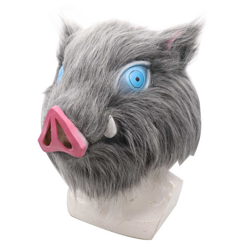 Demon Slayer Mask Pig Head Mouth Flat Inosuke Latex Mask Prom Party Plush Pig Headgear