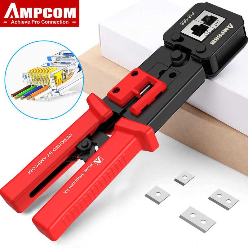 AMPCOM 🍀 Crimp Tool Cat5 Cat5e Cat6 Crimper Cutter Stripper For Rj45 Rj12 Rj11 8P 6P End Pass