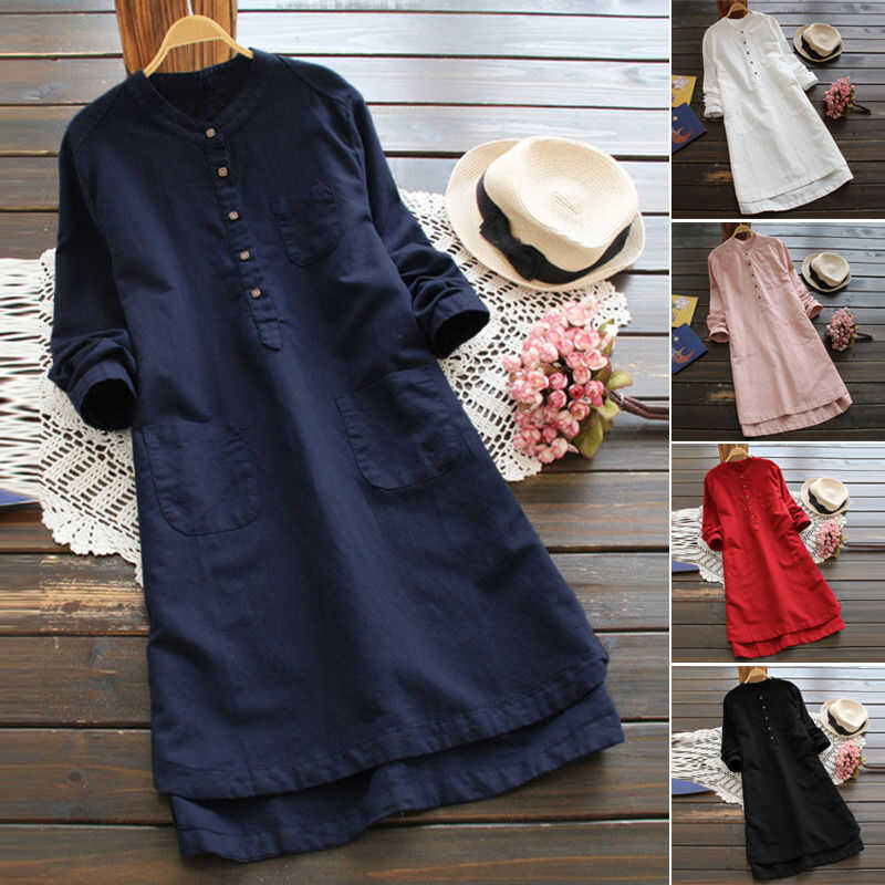 ❤ Esolo ZANZEA มุสลิมลำลองผู้หญิง,เสื้อเบลาส์แขนยาวมีกระดุมคอชุดเดรสเชิ้ตยาว KRS