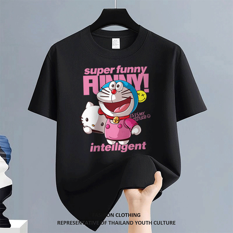 เสื้อยืด เสื้อเมกา ผู้ชาย OVERSIZE ลายการ์ตูน สตรีทแฟชั่น สวมใส่สบาย เสื้อยืดผู้ชาย คอกลม สีขาว-ดำ วินเทจ สีดําแขนสั้น