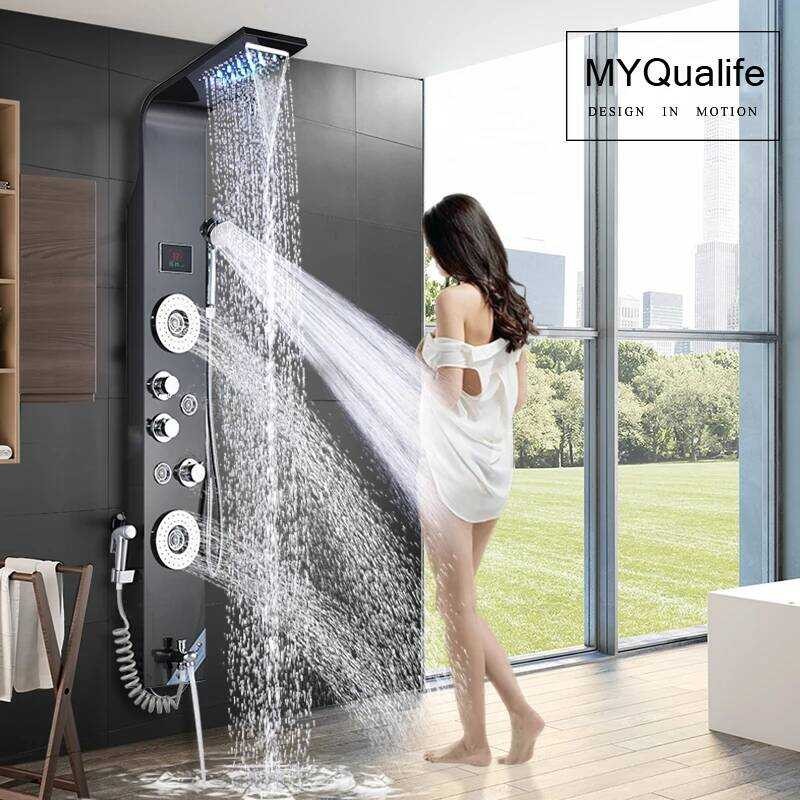 สีดํา LED Light ก๊อกน้ําห้องน้ํา SPA นวด Jet คอลัมน์ระบบน้ําตก Rain Shower แผง Bidet Sprayer Tap