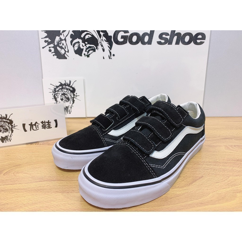 Vans Old Skool Pro สีดําสีขาว Navy Blue White Line Velcro Felt Canvas Suede Skateboard กีฬารองเท ้