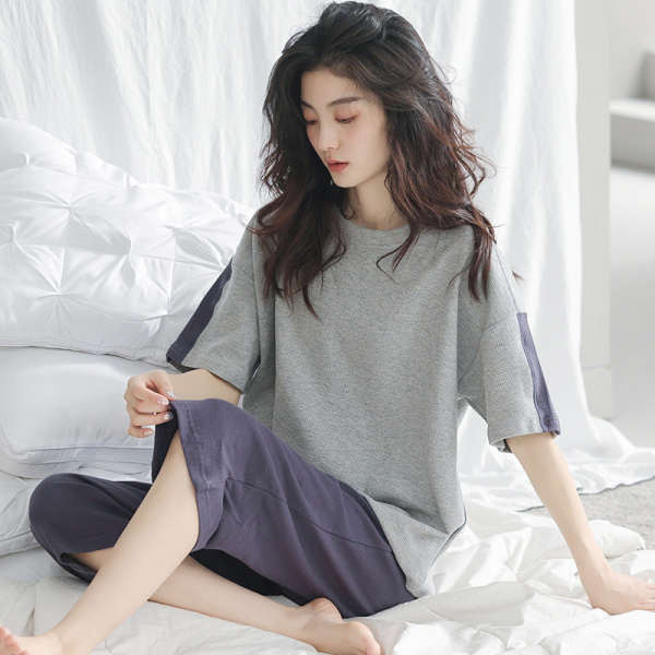 muji เสื้อ MUJI official flagship store ชุดนอนผู้หญิงฤดูร้อนผ้าฝ้ายวาฟเฟิลแขนสั้นกางเกงครอปเป็นลําล