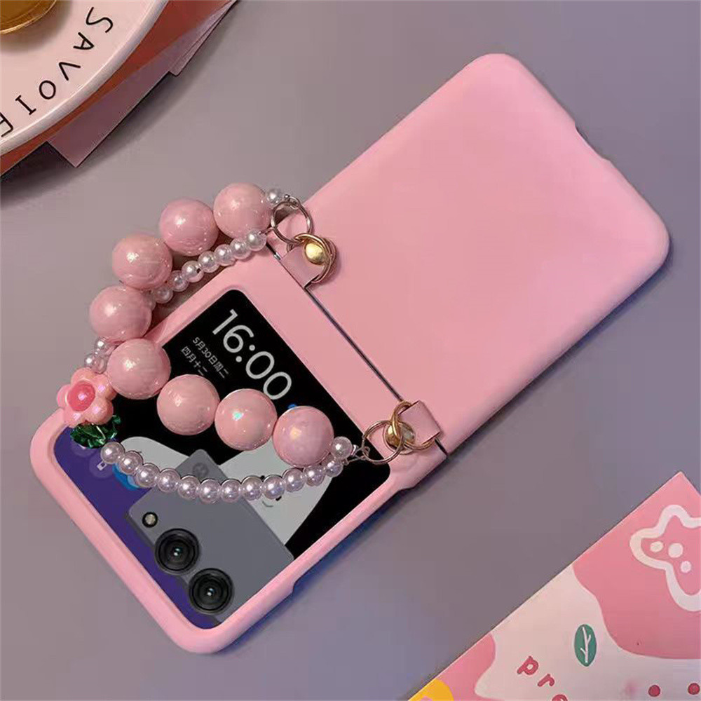 เกาหลีน่ารักสีชมพูสดเคสโทรศัพท์ดอกไม้มุกสร้อยข้อมือสําหรับ Motorola Razr 40ultra Razr50 Razr50ultra ปกหลัง