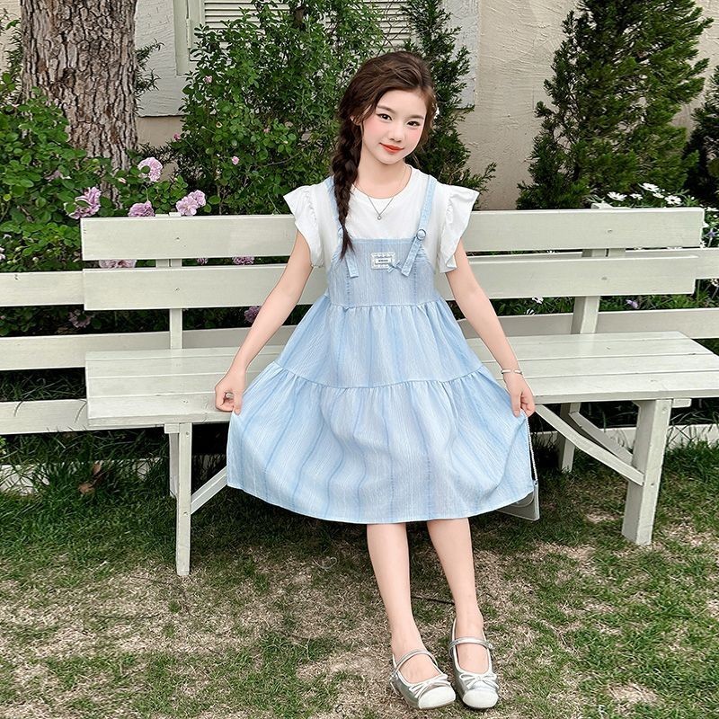 School city2025Summer ชุดเดรสคอกลมผ้าฝ้ายเทียมสองชิ้น3-14M ชุด