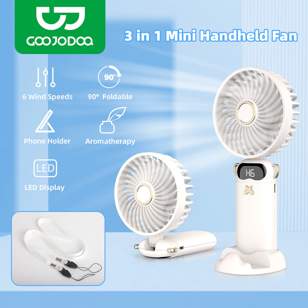 GOOJODOQ ตัดออก พัดลมมือถือ 3-ใน-1 อเนกประสงค์พร้อมฐานที่ถอดออกได้และที่วางโทรศัพท์