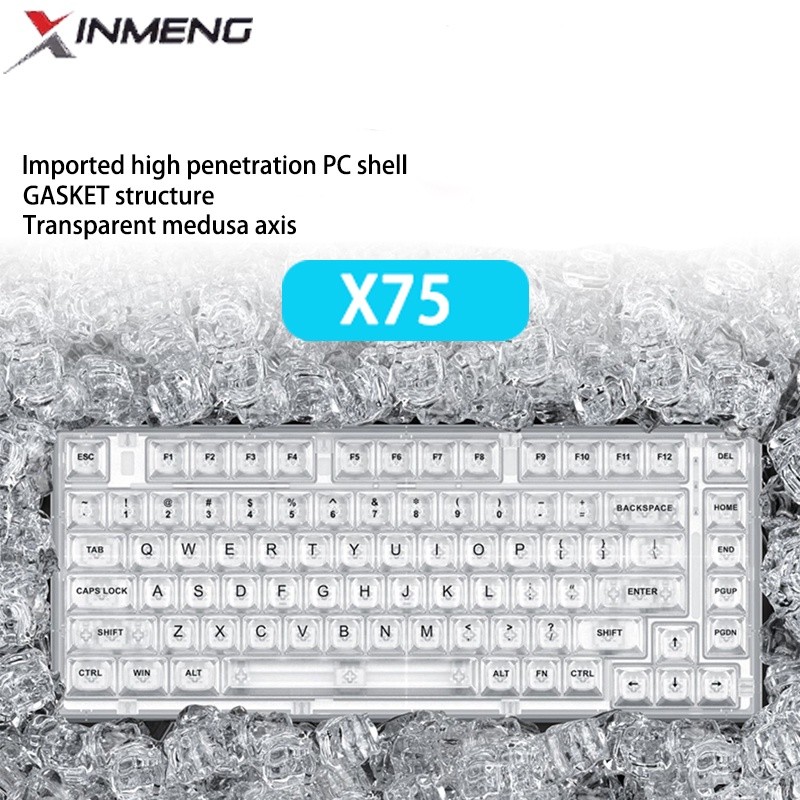 Xinmeng X75 ปะเก็นคีย์บอร์ดไร้สาย RGB สีโปร่งใส