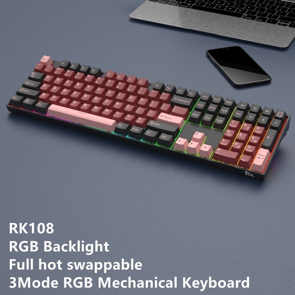Royal Kludge RK108 Keyboard Mechanical 100% Layout RGB Bluetooth 3-mode 2.4G Wireless 100% Fullsize