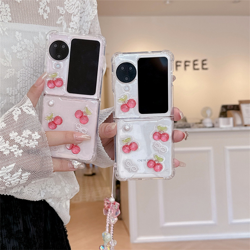 เกาหลีน่ารักใสเชอร์รี่มุกโบว์คริสตัลโซ่เคสโทรศัพท์สําหรับ OPPO ค้นหา N2flip N3Flip N2 flip N3 flip กันกระแทกปกหลัง
